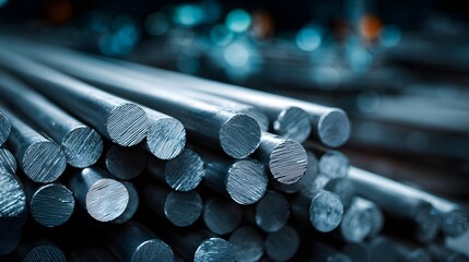 Close-up shot of a stack of shiny metal rods, industrial material.