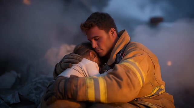 Firefighter kneeling while rescuing a small child from a smoke-filled building &mdash; a deeply emotional and hopeful image representing compassion, sacrifice, and humanity in crisis moments. cinematic