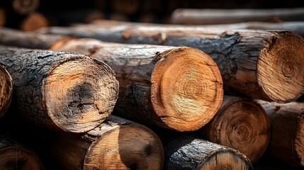 Obraz premium Close-up view of a pile of freshly cut tree logs ready for processing.