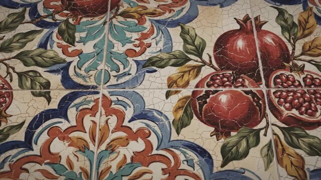 Continuous Scalable Ornament Featuring Pomegranate Fruit Isolated on Southern European Ceramic Surface with Antique Pigment Aesthetic and Traditional Motif