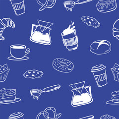 Seamless hand drawn bakery and coffee pattern with  croissants, donuts, cupcakes, coffee cups, and desserts. White doodle sketch on a blue background. Vector illustration.