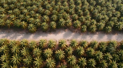 An overhead view captures a sprawling palm tree farm showcasing organized rows of lush green fronds intersected by a natural dirt path