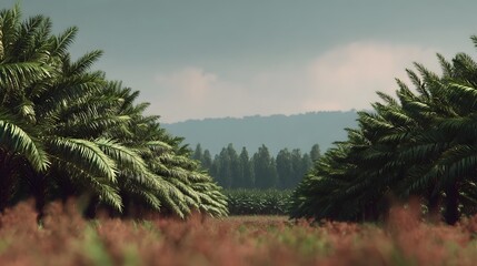 Rows of lush palm trees stretch across a vast plantation leading towards a dense forest and hazy mountains under a dramatic overcast sky