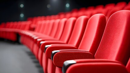 Fototapeta premium Empty plush red theater seats arranged in curved rows within a dark auditorium offering a perspective of an empty venue ready for patrons to experience a performance or screening