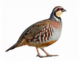 Photo of a partridge isolated on a white background. Ground-dwelling game bird, ideal for wildlife, nature, and bird photography projects