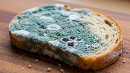 Close-up of moldy bread with green, white, and black fungal growth on crusty surface. Food spoilage, microbiology, hygiene education, and health risk awareness.
