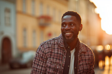 Smiling stylish young Black man in a plaid shirt enjoying golden hour on a charming city street, candid joyful urban portrait