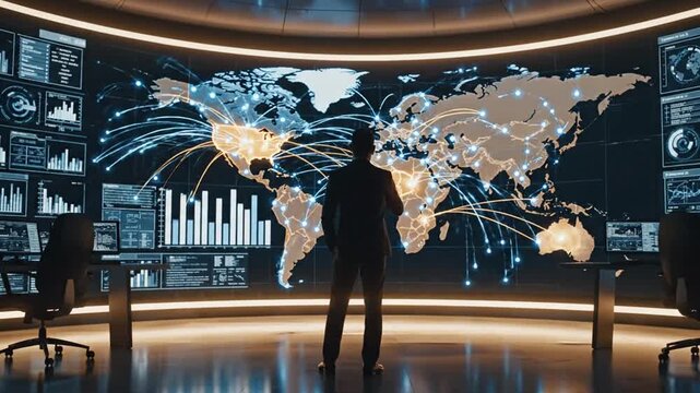 Futuristic Global Network Control Center with Digital Maps and Data Analytics