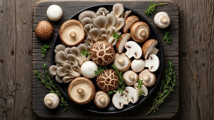 Fresh assortment of various edible mushrooms on a dark plate and rustic wooden board