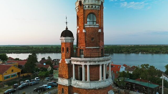 Aerial view of the Gardos Tower, a captivating brick structure, standing tall near the river, contrasting against the backdrop of the city, Belgrade, City of Belgrade, Serbia.