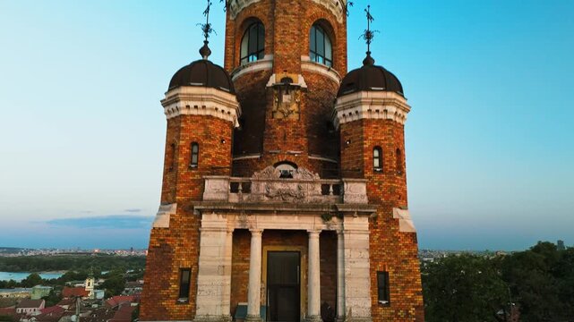 Aerial view of the Gardos Tower stands majestically, its red brick contrasting with the cityscape's blend of old and new, Belgrade, City of Belgrade, Serbia.
