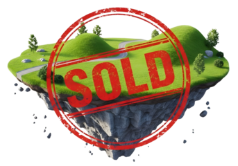 A miniature floating island with a golf course and a red sold stamp isolated on transparent background