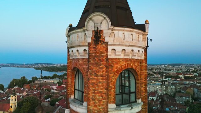 Aerial view of the Gardos Tower standing tall amidst the cityscape, with the Danube river flowing in the background, Belgrade, City of Belgrade, Serbia.