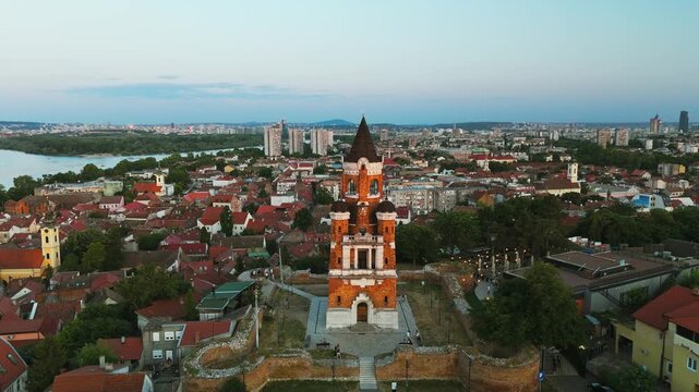 Aerial view of Gardos Tower standing tall amidst the city's red rooftops, creating a striking contrast, Belgrade, City of Belgrade, Serbia.