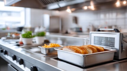 A clean professional commercial kitchen workstation featuring stainless steel equipment with pans of bread loaves and golden fries awaiting service