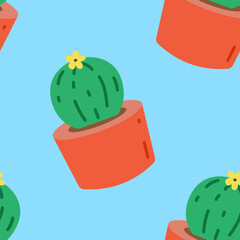 Seamless Pattern Cute Cactus in Pots Flat Design on Blue Background 