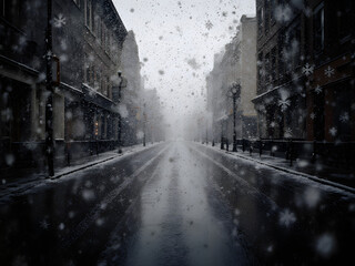 Snowy Winter City Street with Foggy Urban Architecture and Serene Scenic Atmosphere