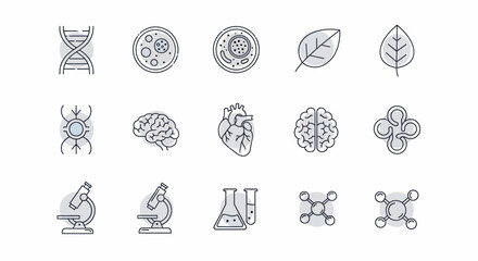 Collection of science and biology icons featuring DNA, cells, leaves, brain, heart, microscope, and flasks.