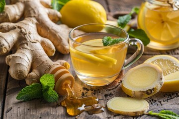Glass cup of hot ginger tea with lemon and mint on rustic wood with honey dripping from honey dipper