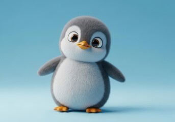 Adorable Cute Penguin Character with Soft Fur and Big Eyes on Light Blue Background