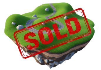 A miniature floating island with a golf course and a red sold stamp isolated on transparent background