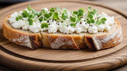 Close-up of rustic bread topped with cottage cheese, microgreens, and black pepper on wooden board. 