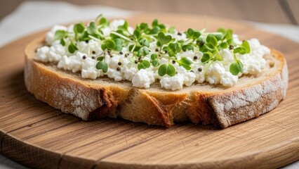 Close-up of rustic bread topped with cottage cheese, microgreens, and black pepper on wooden board. 
