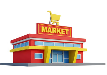 Fototapeta premium Stylized market building with shopping cart sign isolated on transparent background