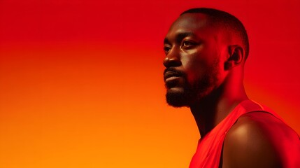 Obraz premium Dramatic Portrait of a Confident Black Man in Red Lighting, Side Profile.