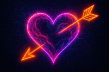 Bright heart shape with arrow across center glowing in neon colors on dark background. Created using digital art techniques for visual impact.