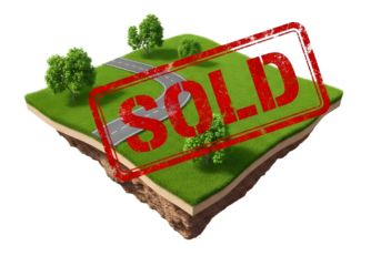 A miniature floating island with a golf course and a red sold stamp isolated on transparent background