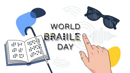 World Braille Day illustration with open book cane and hand touching text symbolizing accessibility and education for the visually impaired