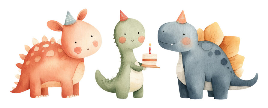 Cute Watercolor Dinosaurs Celebrating a Birthday with a Cake and Party Hats