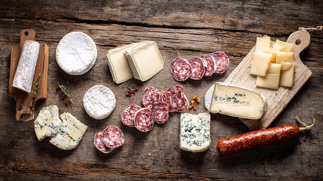 charcuterie. Gourmet selection of cheeses and sausages arranged on a wooden surface, top view. menu design, packaging mockups, designed for food delivery and cloud-kitchen brand materials.
