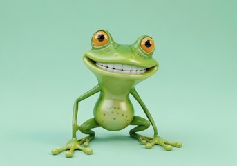 Obraz premium Cute cartoon frog character with bright eyes and big smile on a green background