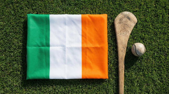 Ireland flag flatlay with hurling stick and ball on grass background during daytime