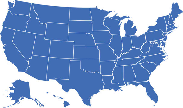Blue USA map with states isolated on a white background. United States of America map. Vector illustration, United States of American Map transparent background