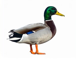 Photo of a mallard duck isolated on a white background. Common wild duck, ideal for wildlife, nature, and bird photography projects