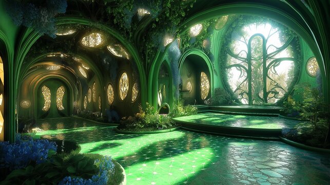 Lush green elven hall with glowing light and organic architecture.