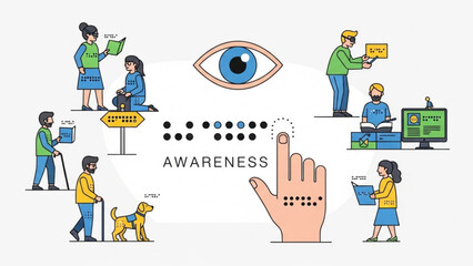 Visual representation of disability awareness including braille guide dogs and assistive technology for visually impaired people concept for inclusion and accessibility