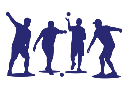 Four blue silhouettes of men actively playing an outdoor ball game like bocce or p&eacute;tanque