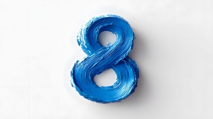 Thick textured blue paint is artfully applied to create a striking rendition of the numeral eight isolated on a white studio backdrop highlighting its bold form and vibrant hue