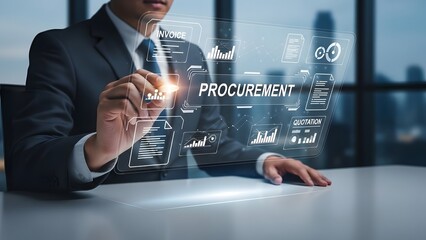 Businessman Interacting with Futuristic Procurement Interface Displaying Charts and Documents technology