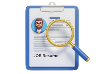 A magnifying glass reviewing a job resume on a clipboard isolated on transparent background