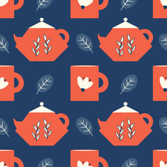 Cute hand drawn seamless vector pattern illustration with red teapot, leaves and mug on blue background
