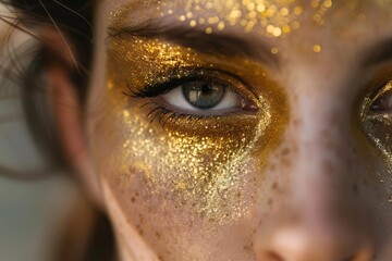 Close up of golden makeup glittering on model's face, creating a luxurious and glamorous look