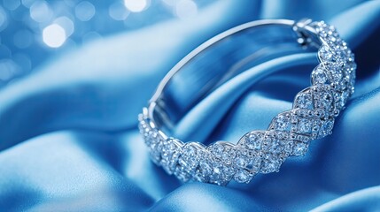 Fototapeta premium Sparkling Diamond Bracelet on Luxurious Blue Silk, Elegant Jewelry, Glamourous Accessory.