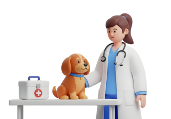 Female veterinarian with dog on examination table isolated on transparent background