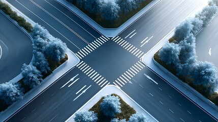 Overhead perspective of a clean empty road intersection featuring marked lanes pedestrian crosswalks and surrounding trees highlighting urban infrastructure and transportation
