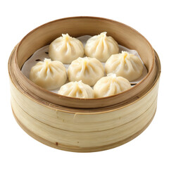 Appetizing Chinese food, delicious steamed dumpling in traditional bamboo steamer. fresh dim sum meal ready to eat